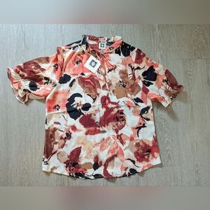 Anne Klein Floral Print Short Sleev Puff Sleeves Blouse Size Small NWT!